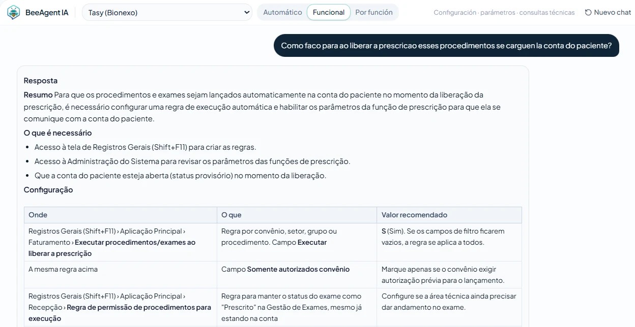 Respuesta real de BeeAgent IA con resumen, requisitos y tabla de configuración de reglas