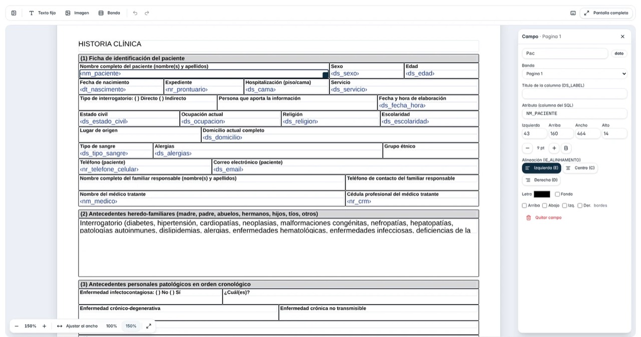Editor real de reportes Tasy con historia clínica, campos y panel de propiedades