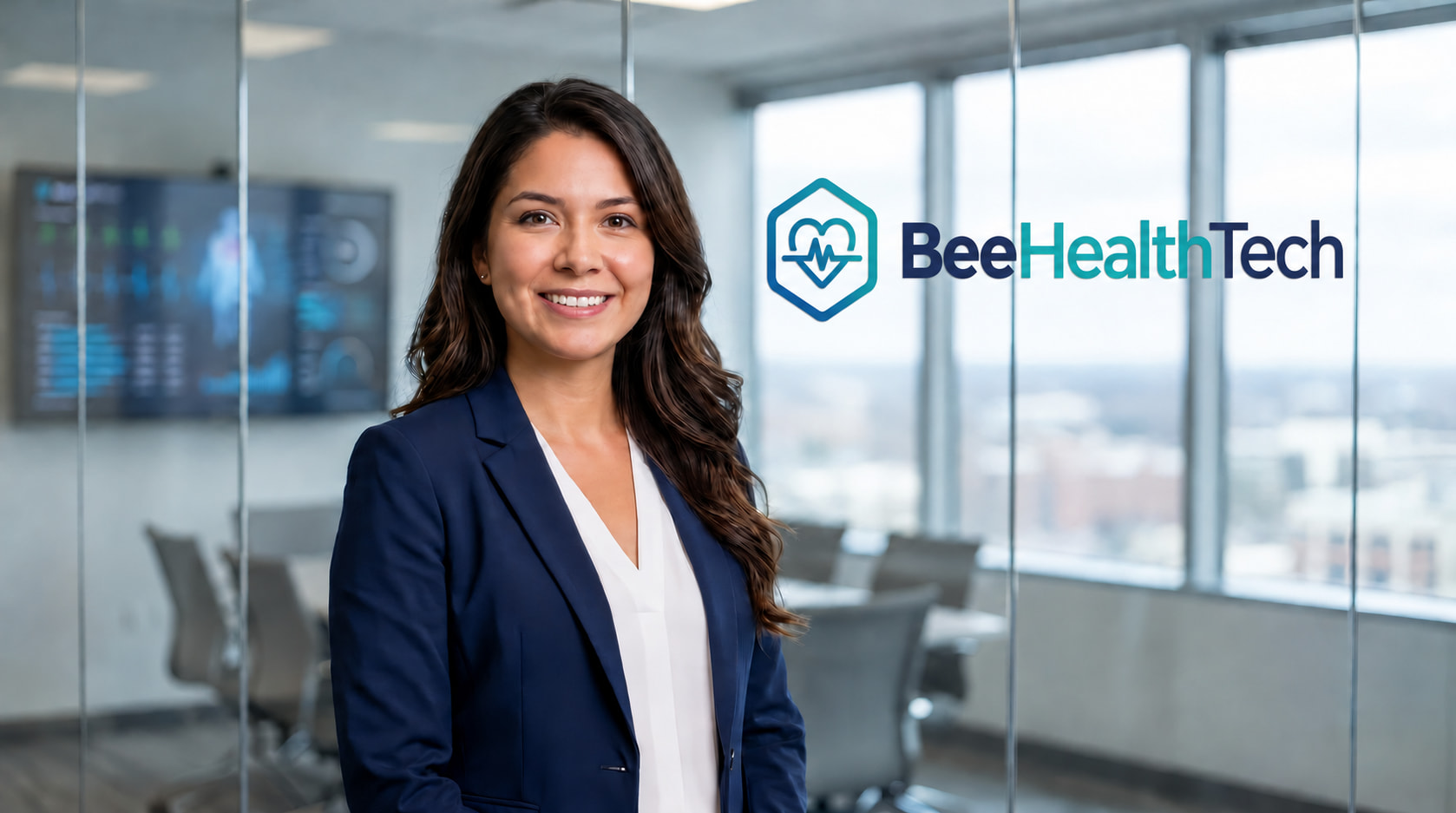 Consultora de BeeHealthTech en la sala de juntas, junto al logotipo de la empresa
